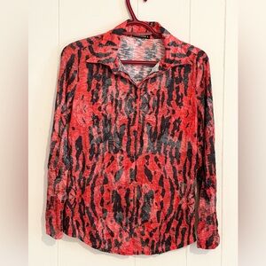 David Cline Crushed Silk-Touch Blouse | Red Abstract Art To Wear | Small euc